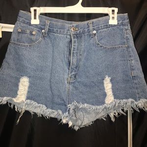 Denim’s distressed high waisted shorts